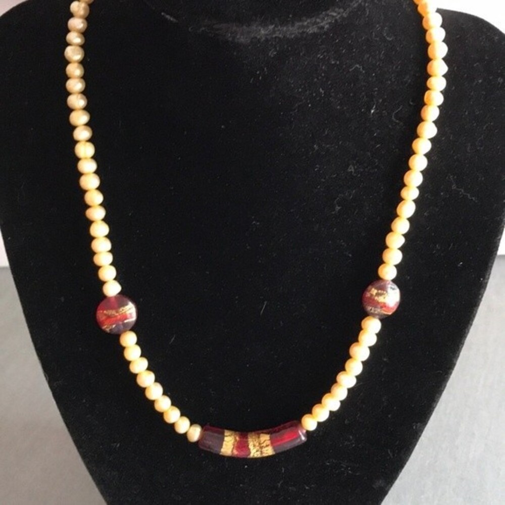 Vintage Handmade Venetian Glass Freshwater Gold Pearl Sterling Clasp Necklace 18